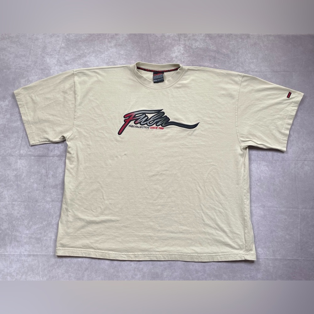 FUBU T-Shirt Men's Size 3XL Beige Tan Embroidered Logo Y2K Retro Hip Hop Rap Tee